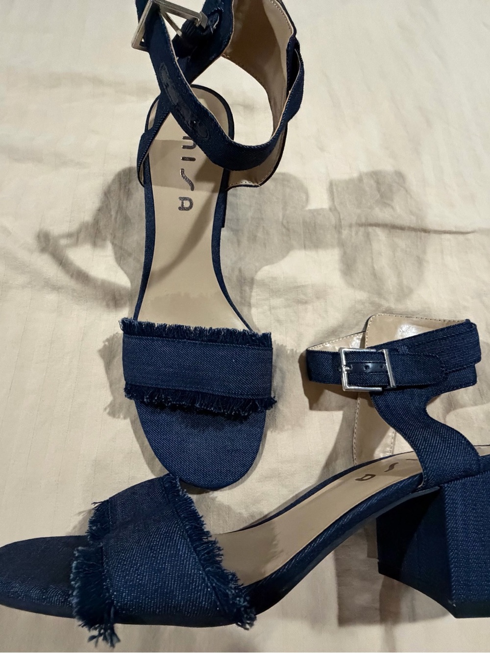 Unisa Navy Frayed Strap Block Heel Sandals